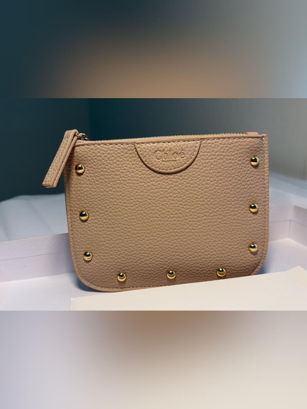 New,unused &authentic Chloé beauty beige Pebbled Leather Studded small Zip pouch